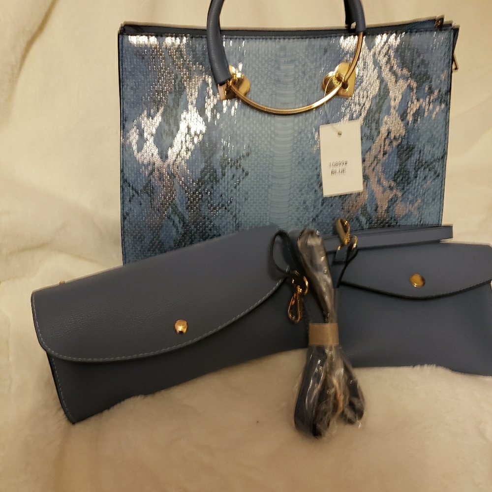 3 pcs Blue Silver Accents Handbag